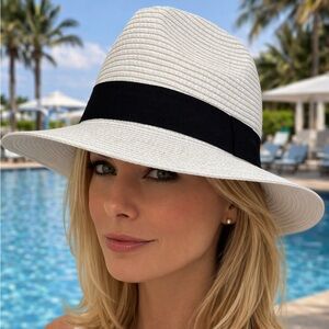 ❤️ White Wide-Brim Fedora Style Sun Hat with Black Band
